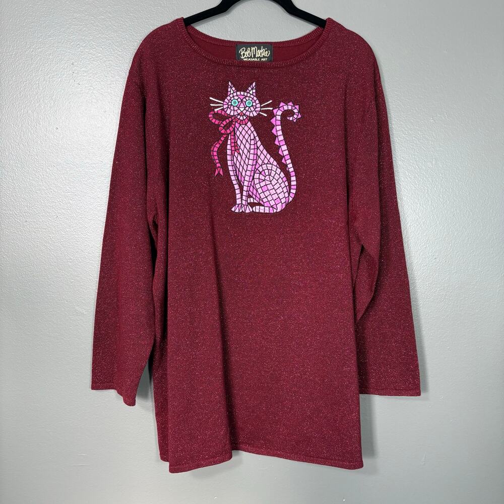 Bob Mackie Red & Pink Embroidered Cat Grandma Sweater - 1X - Women's Plus Size